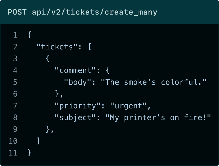 A code block showing the response from a ticket creation endpoint