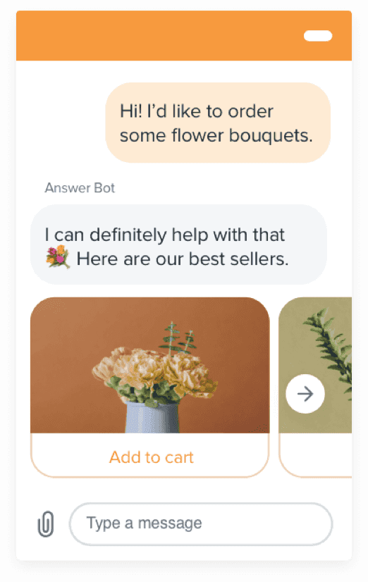 A customer ordering flowers from a customer service agent within a messaging conversation