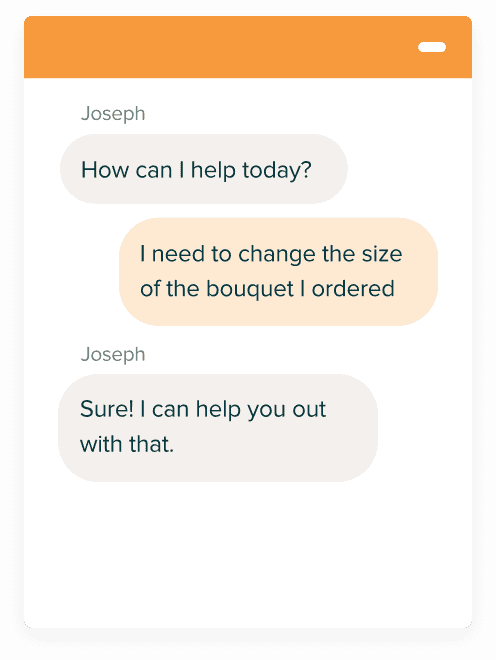 A customer chatting to a customer service agents requesting to change the size of the boquet they ordered
